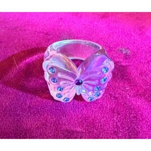 Anna Sui Vintage Y2K Chunky Translucent Purple Lucite Rhinestone Butterfly Ring
